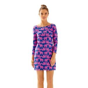LILLY PULITZER Marlowe Shift Dress Navy Blue Hot Pink Elephant Print Dress XS